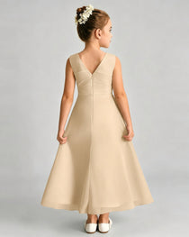 Champagne Junior Bridesmaid Dress Asymmetric Drape V-Back Chiffon Midi Dress Back View