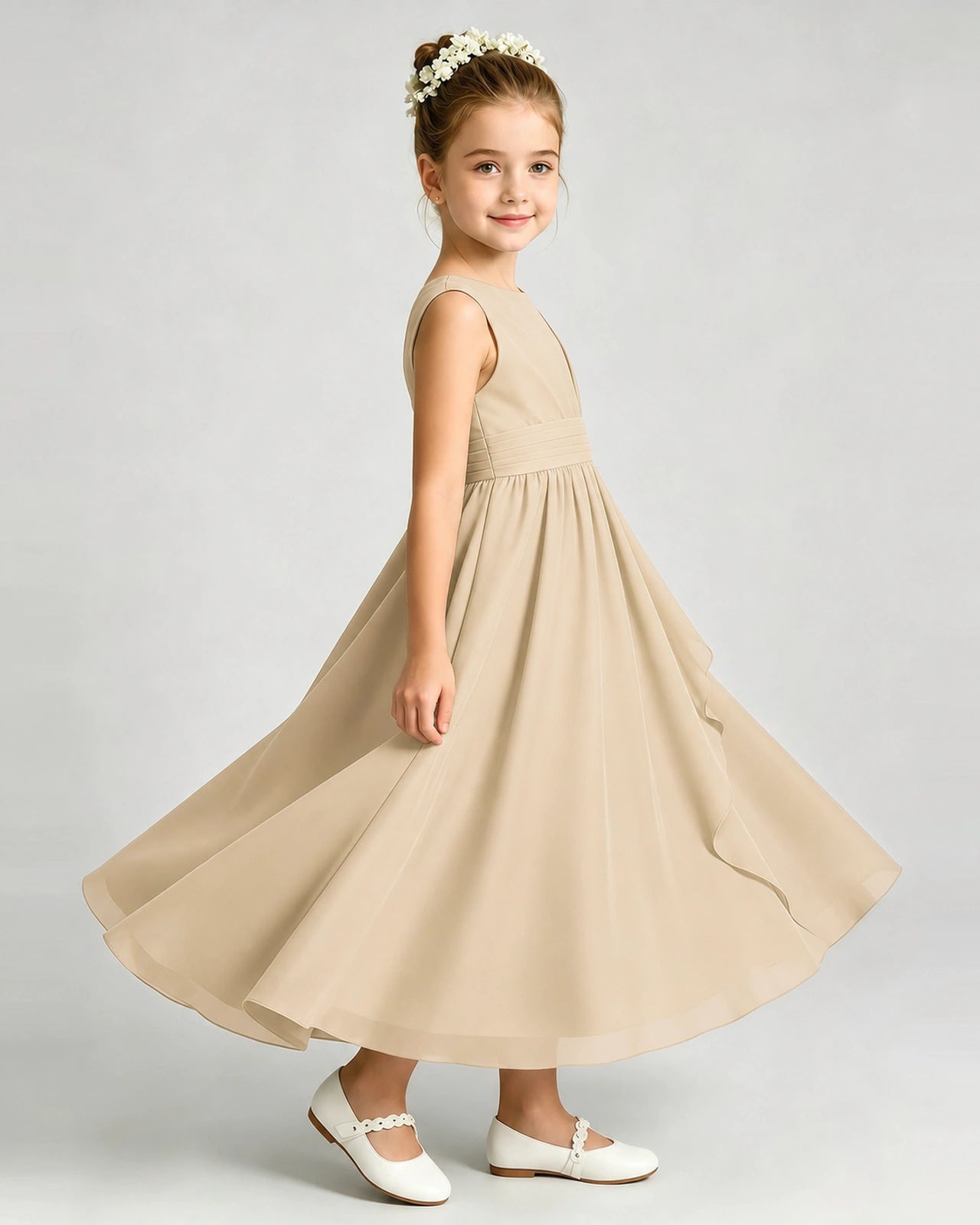 Champagne Junior Bridesmaid Dress Asymmetric Drape V-Back Chiffon Midi Dress Side View