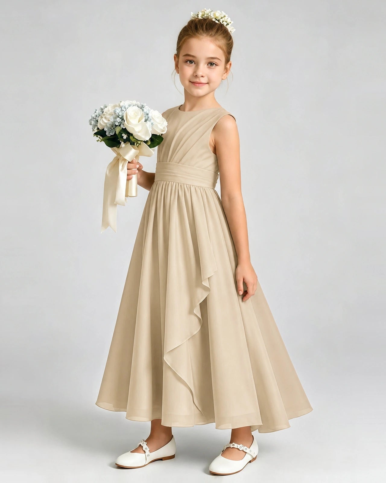 Champagne Junior Bridesmaid Dress Asymmetric Drape V-Back Chiffon Midi Dress Front View