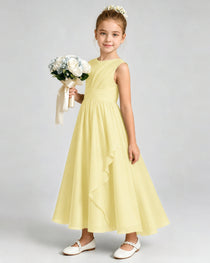 Daffodil Junior Bridesmaid Dress Asymmetric Drape V-Back Chiffon Midi Dress Front View