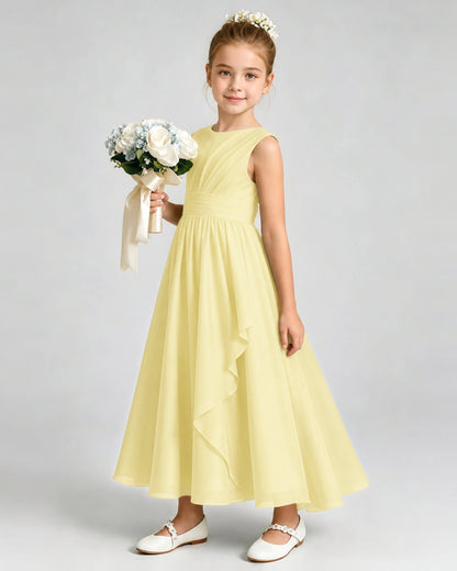 Daffodil Junior Bridesmaid Dress Asymmetric Drape V-Back Chiffon Midi Dress Front View