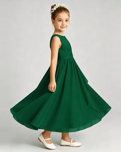 Dark Green Junior Bridesmaid Dress Asymmetric Drape V-Back Chiffon Midi Dress Side View