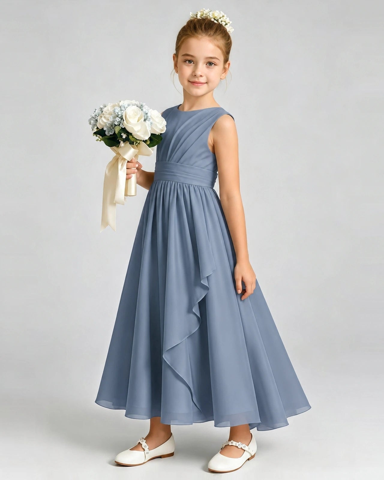 Dusty Blue Junior Bridesmaid Dress Asymmetric Drape V-Back Chiffon Midi Dress Front View