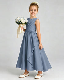 Dusty Blue Junior Bridesmaid Dress Asymmetric Drape V-Back Chiffon Midi Dress Front View