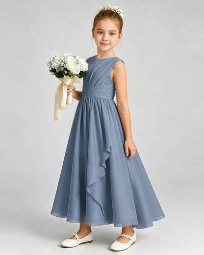 Dusty Blue Junior Bridesmaid Dress Asymmetric Drape V-Back Chiffon Midi Dress Front View