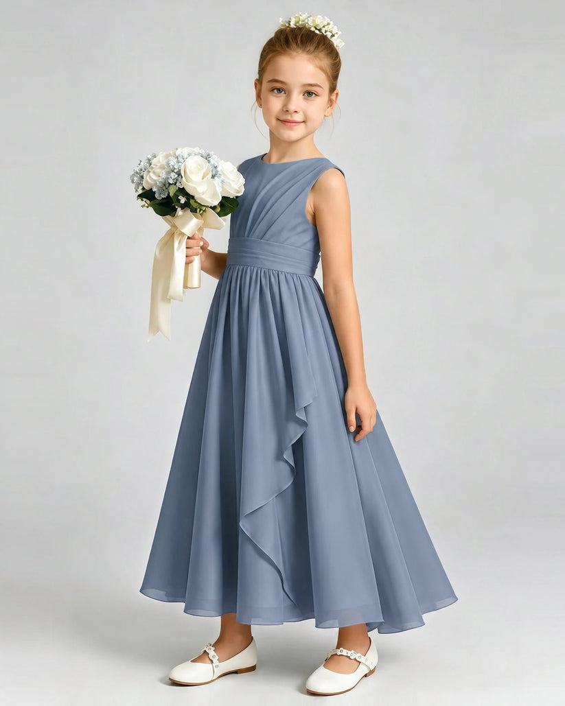 Dusty Blue Chiffon A-line Junior Bridesmaid Dress Front View