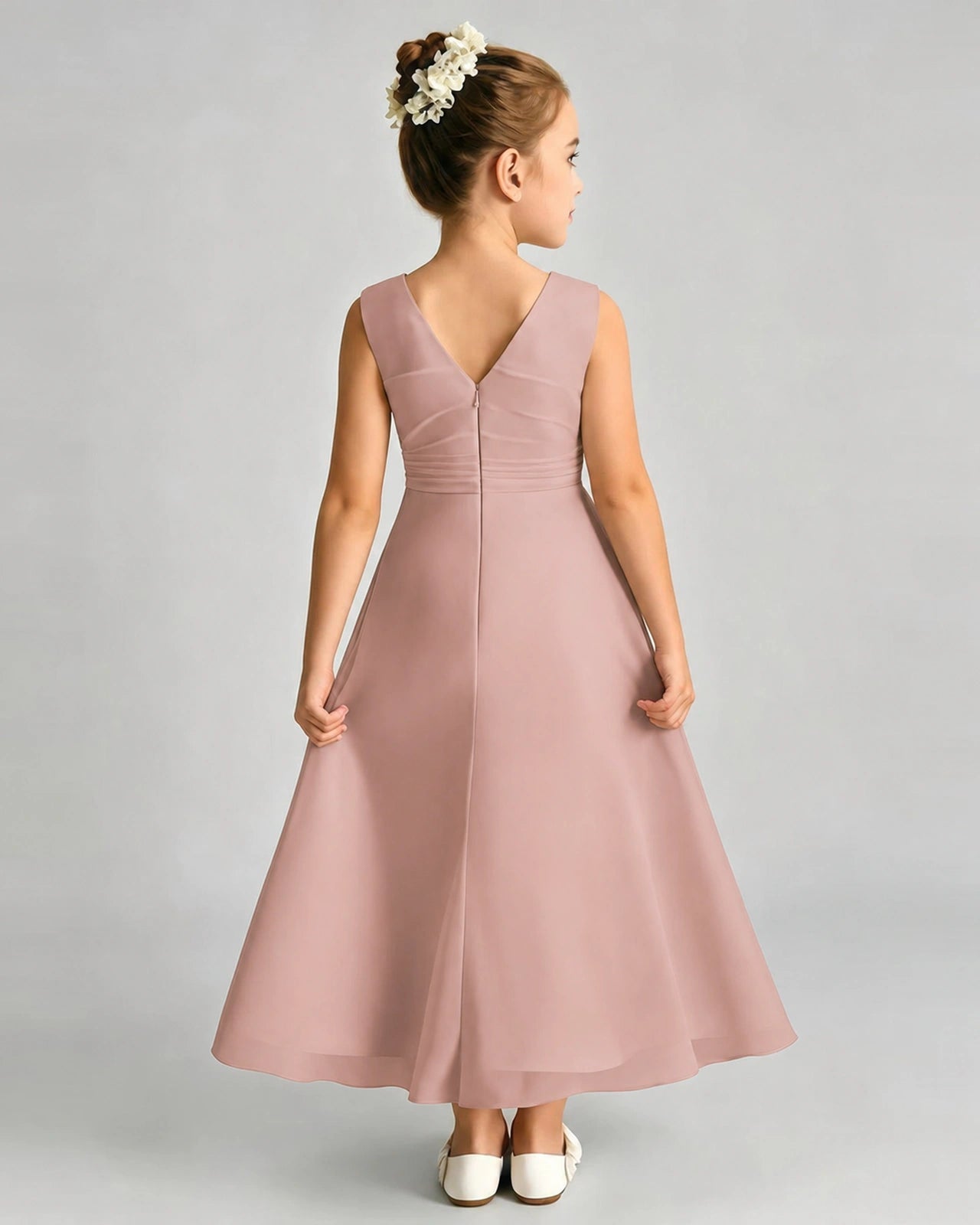 Dusty Rose Junior Bridesmaid Dress Asymmetric Drape V-Back Chiffon Midi Dress Back View