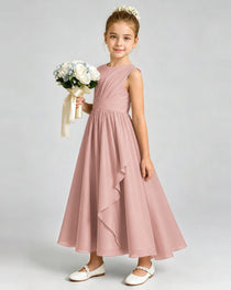 Dusty Rose Junior Bridesmaid Dress Asymmetric Drape V-Back Chiffon Midi Dress Front View