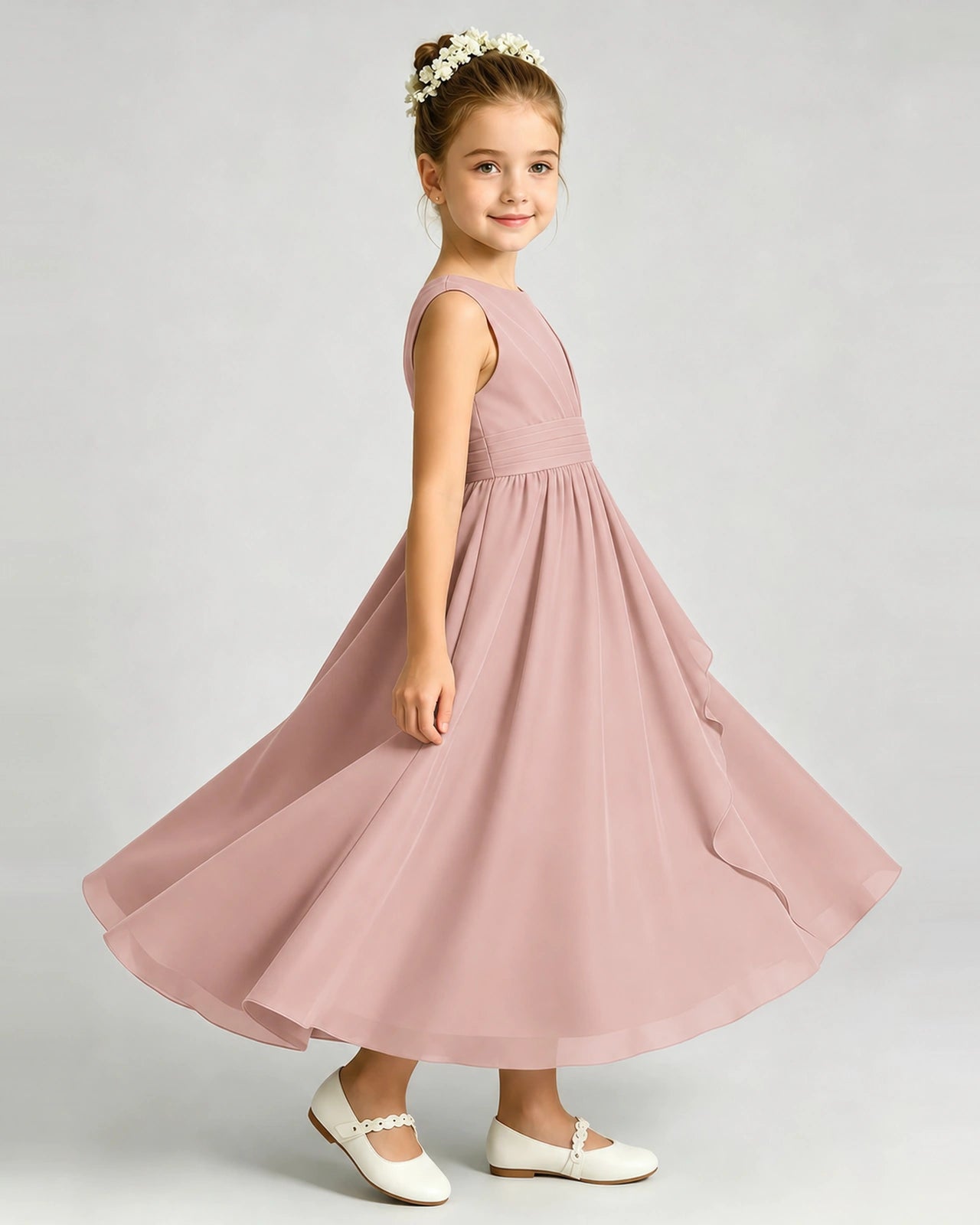Dusty Rose Junior Bridesmaid Dress Asymmetric Drape V-Back Chiffon Midi Dress Side View