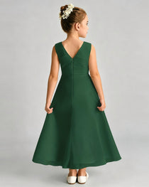 Emerald Green Junior Bridesmaid Dress Asymmetric Drape V-Back Chiffon Midi Dress Back View