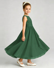 Emerald Green Junior Bridesmaid Dress Asymmetric Drape V-Back Chiffon Midi Dress Side View