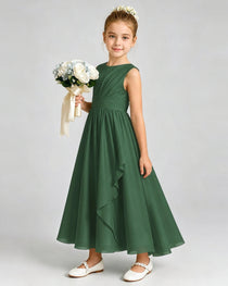 Emerald Green Junior Bridesmaid Dress Asymmetric Drape V-Back Chiffon Midi Dress Front View