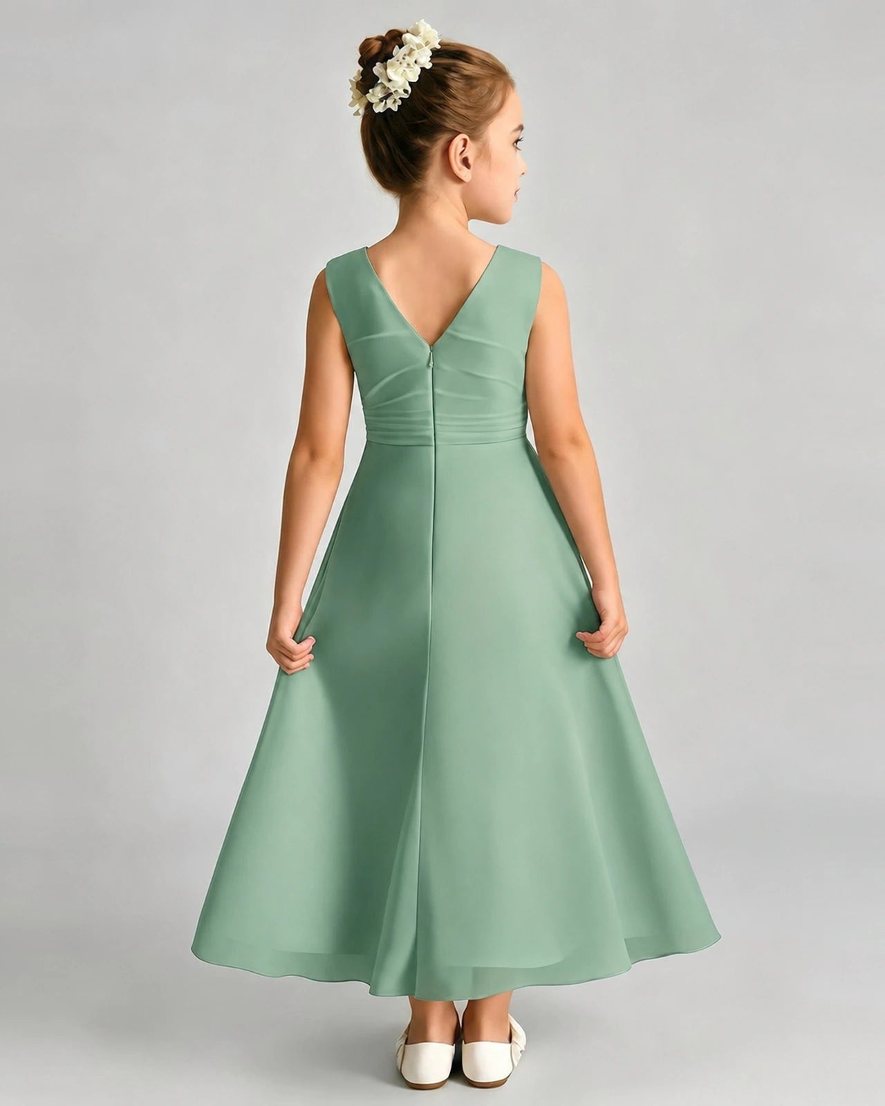 Eucalyptus Junior Bridesmaid Dress Asymmetric Drape V-Back Chiffon Midi Dress Back View
