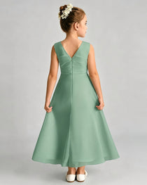 Eucalyptus Junior Bridesmaid Dress Asymmetric Drape V-Back Chiffon Midi Dress Back View