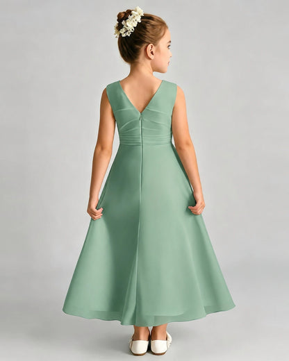 Eucalyptus Junior Bridesmaid Dress Asymmetric Drape V-Back Chiffon Midi Dress Back View