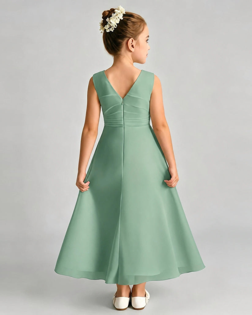 Eucalyptus Chiffon A-line Junior Bridesmaid Dress Back View
