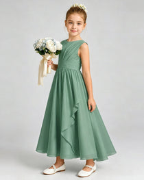 Eucalyptus Junior Bridesmaid Dress Asymmetric Drape V-Back Chiffon Midi Dress Front View