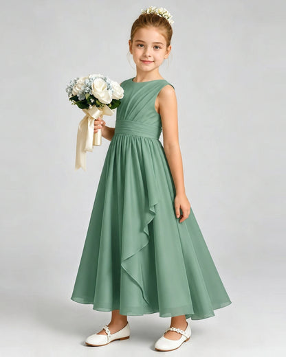 Eucalyptus Junior Bridesmaid Dress Asymmetric Drape V-Back Chiffon Midi Dress Front View