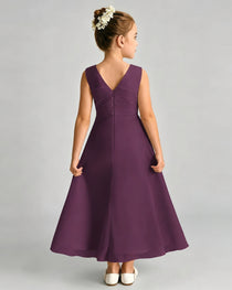 Grape Junior Bridesmaid Dress Asymmetric Drape V-Back Chiffon Midi Dress Back View