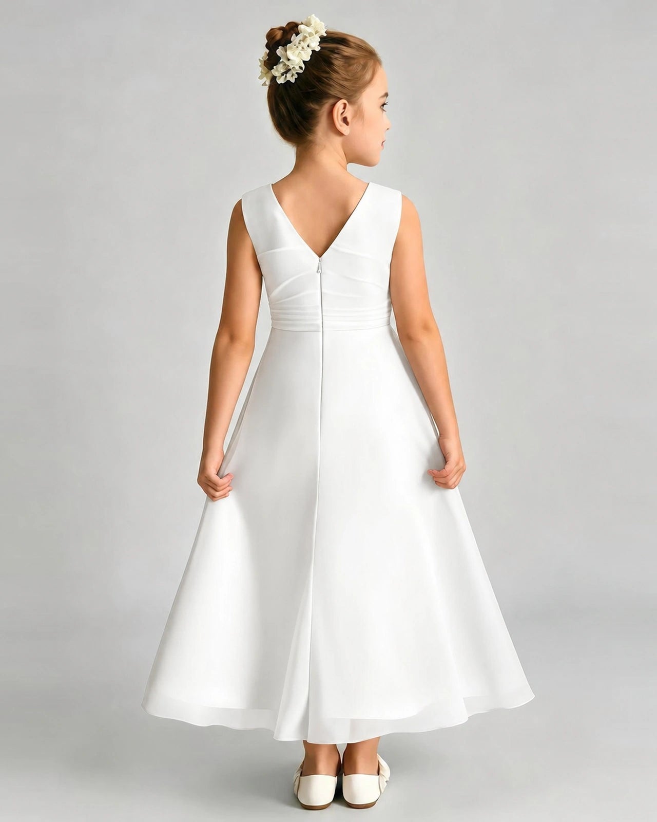 Ivory Junior Bridesmaid Dress Asymmetric Drape V-Back Chiffon Midi Dress Back View