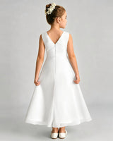 Ivory Satin A-line Junior Bridesmaid Dress Back View
