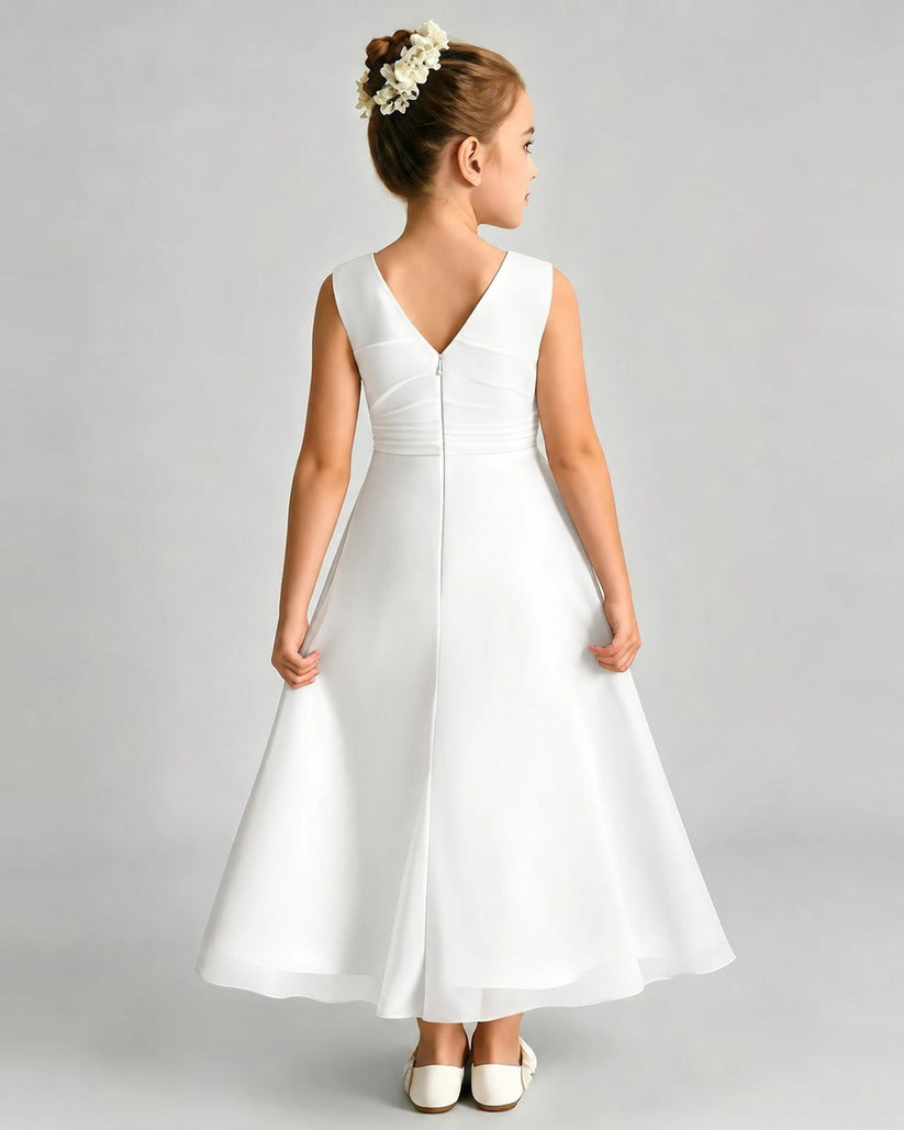 Ivory Satin A-line Junior Bridesmaid Dress Back View