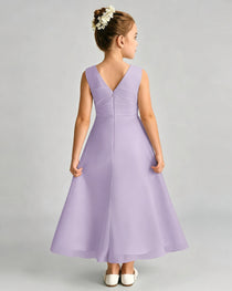 Lavender Junior Bridesmaid Dress Asymmetric Drape V-Back Chiffon Midi Dress Back View