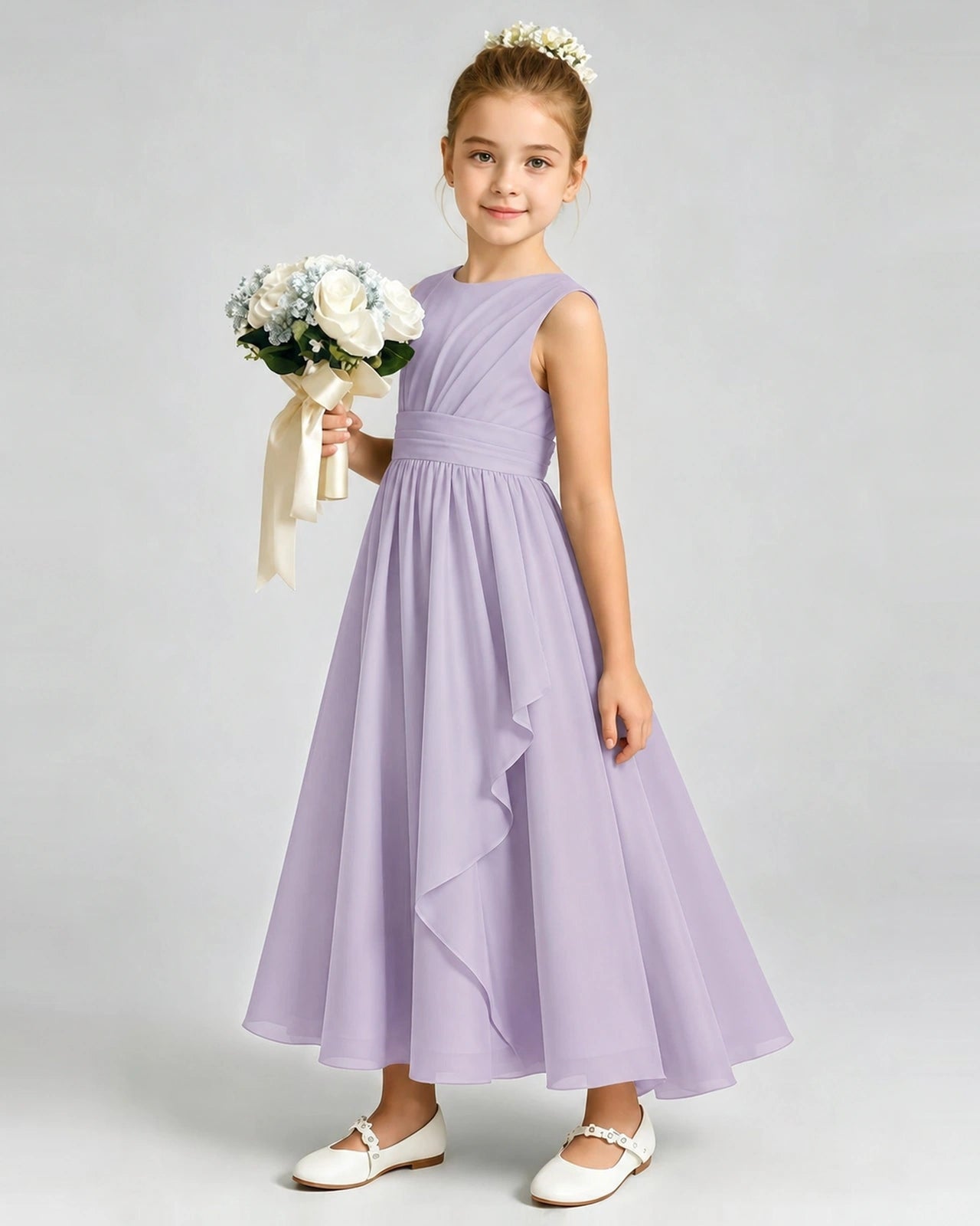 Lavender Junior Bridesmaid Dress Asymmetric Drape V-Back Chiffon Midi Dress Front View