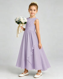 Lavender Junior Bridesmaid Dress Asymmetric Drape V-Back Chiffon Midi Dress Front View