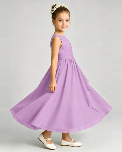 Lilac Junior Bridesmaid Dress Asymmetric Drape V-Back Chiffon Midi Dress Side View