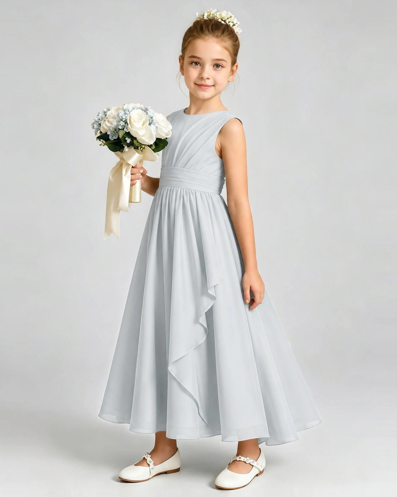 Mist Junior Bridesmaid Dress Asymmetric Drape V-Back Chiffon Midi Dress Front View