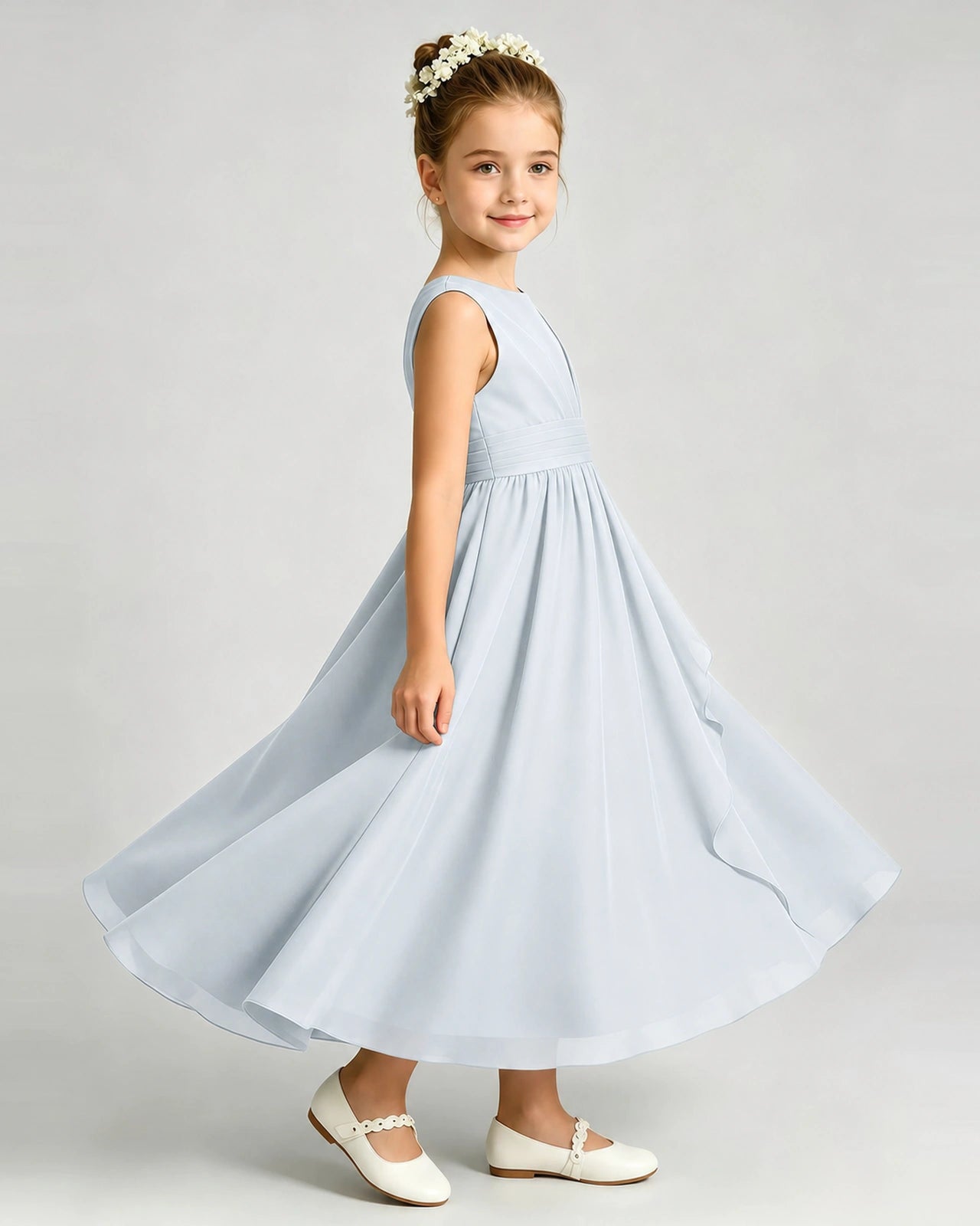 Mist Junior Bridesmaid Dress Asymmetric Drape V-Back Chiffon Midi Dress Side View