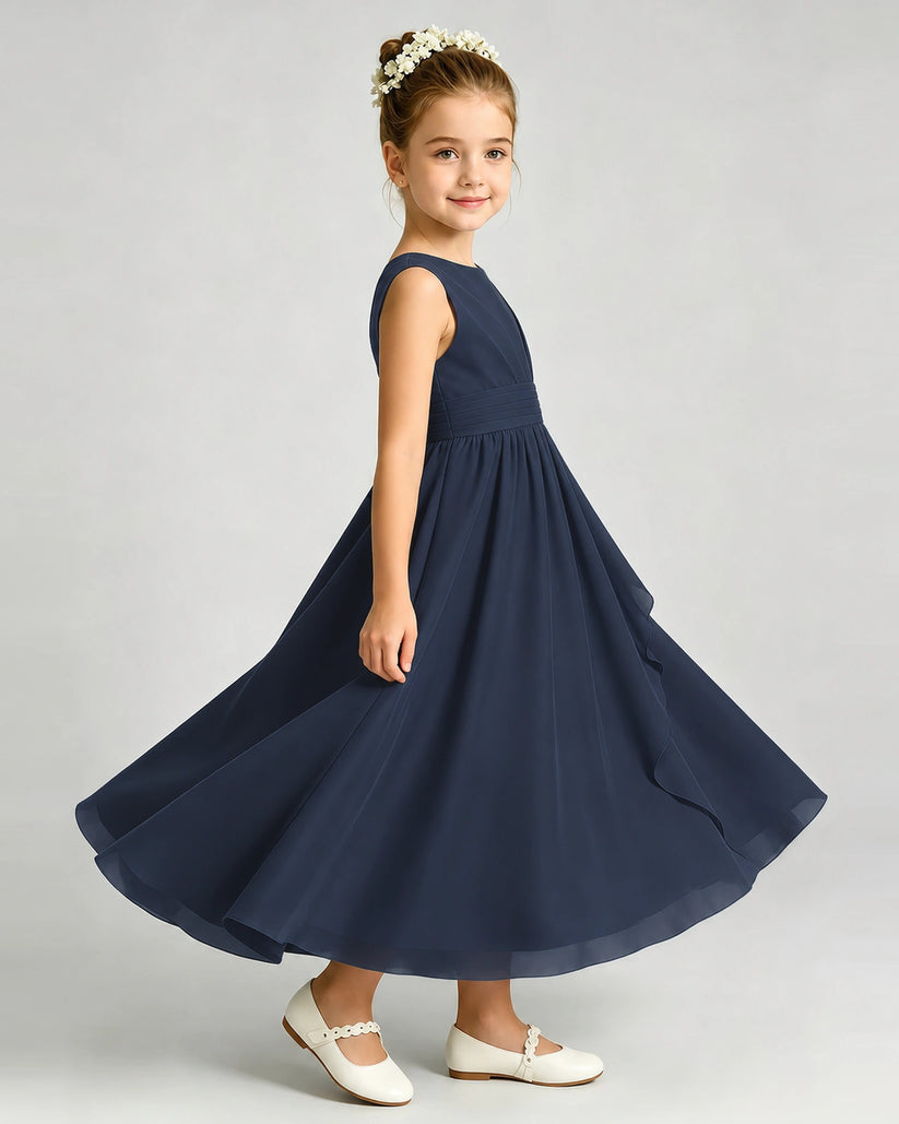 Navy Blue Chiffon A-line Junior Bridesmaid Dress Side View