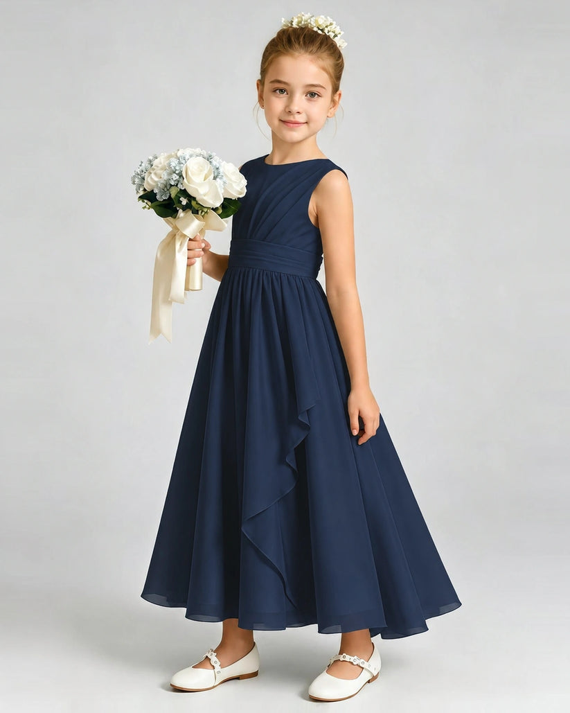 Navy Blue Chiffon A-line Junior Bridesmaid Dress Front View