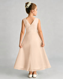 Peach Junior Bridesmaid Dress Asymmetric Drape V-Back Chiffon Midi Dress Back View