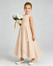 Peach Junior Bridesmaid Dress Asymmetric Drape V-Back Chiffon Midi Dress Front View