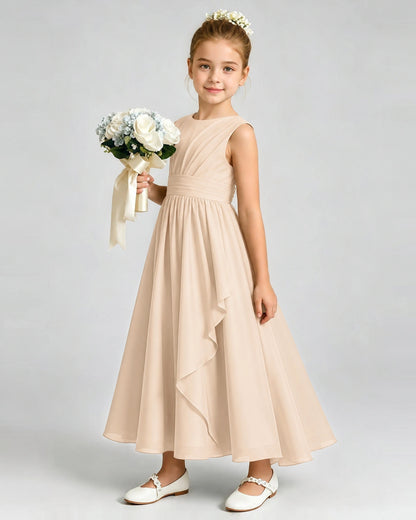 Peach Junior Bridesmaid Dress Asymmetric Drape V-Back Chiffon Midi Dress Front View