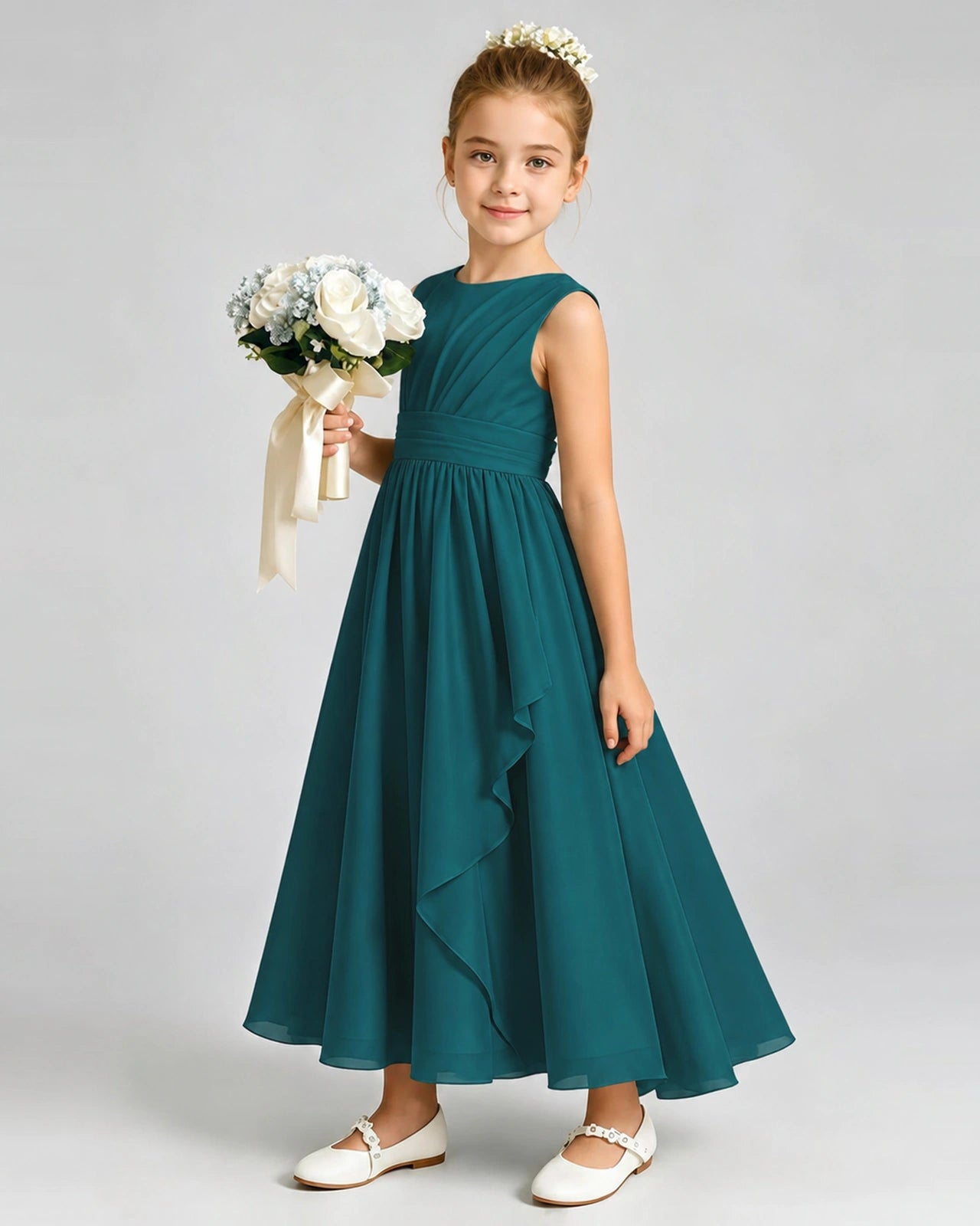 Peacock Junior Bridesmaid Dress Asymmetric Drape V-Back Chiffon Midi Dress Front View