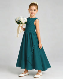 Peacock Junior Bridesmaid Dress Asymmetric Drape V-Back Chiffon Midi Dress Front View