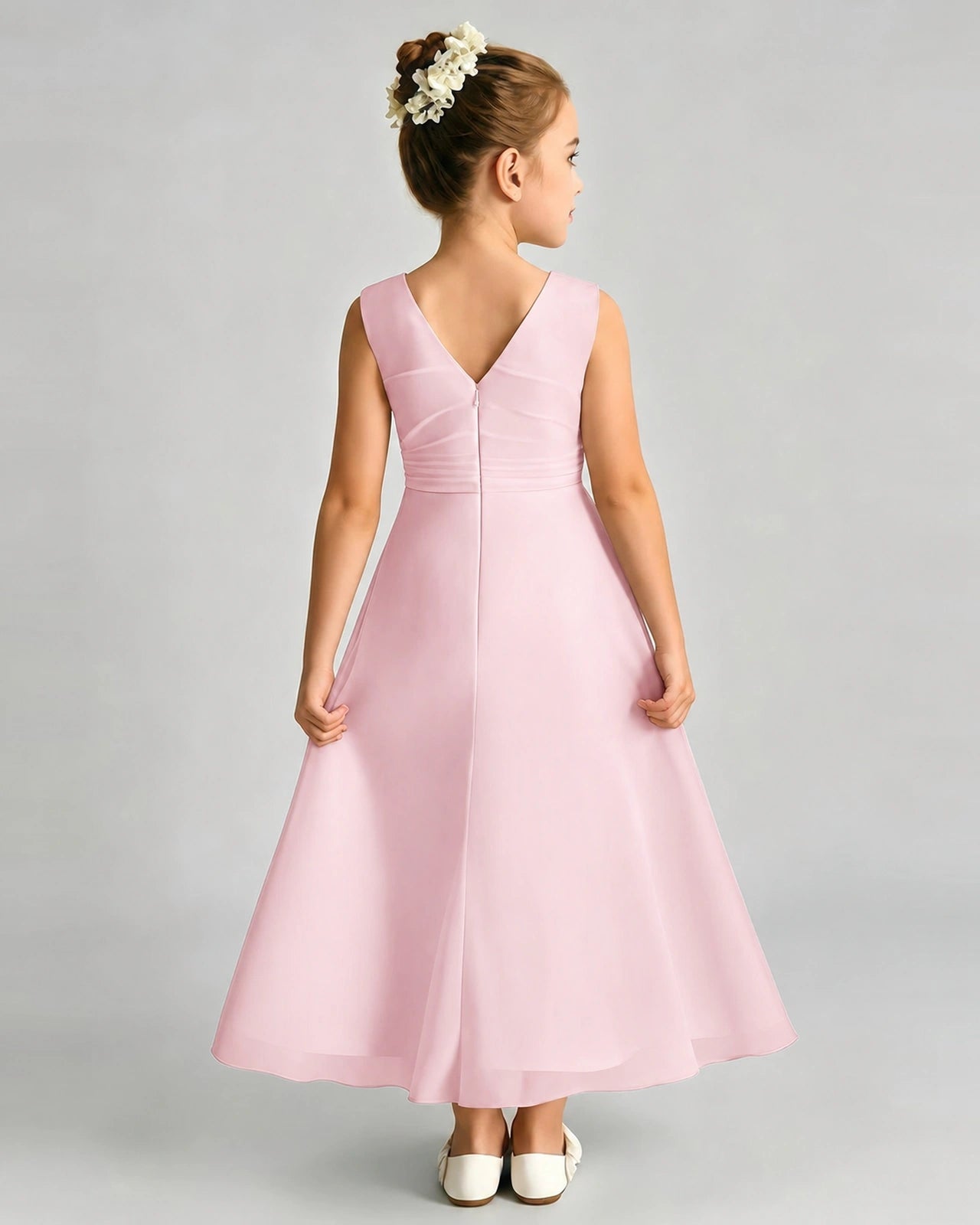 Pink Junior Bridesmaid Dress Asymmetric Drape V-Back Chiffon Midi Dress Back View