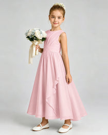 Pink Junior Bridesmaid Dress Asymmetric Drape V-Back Chiffon Midi Dress Front View