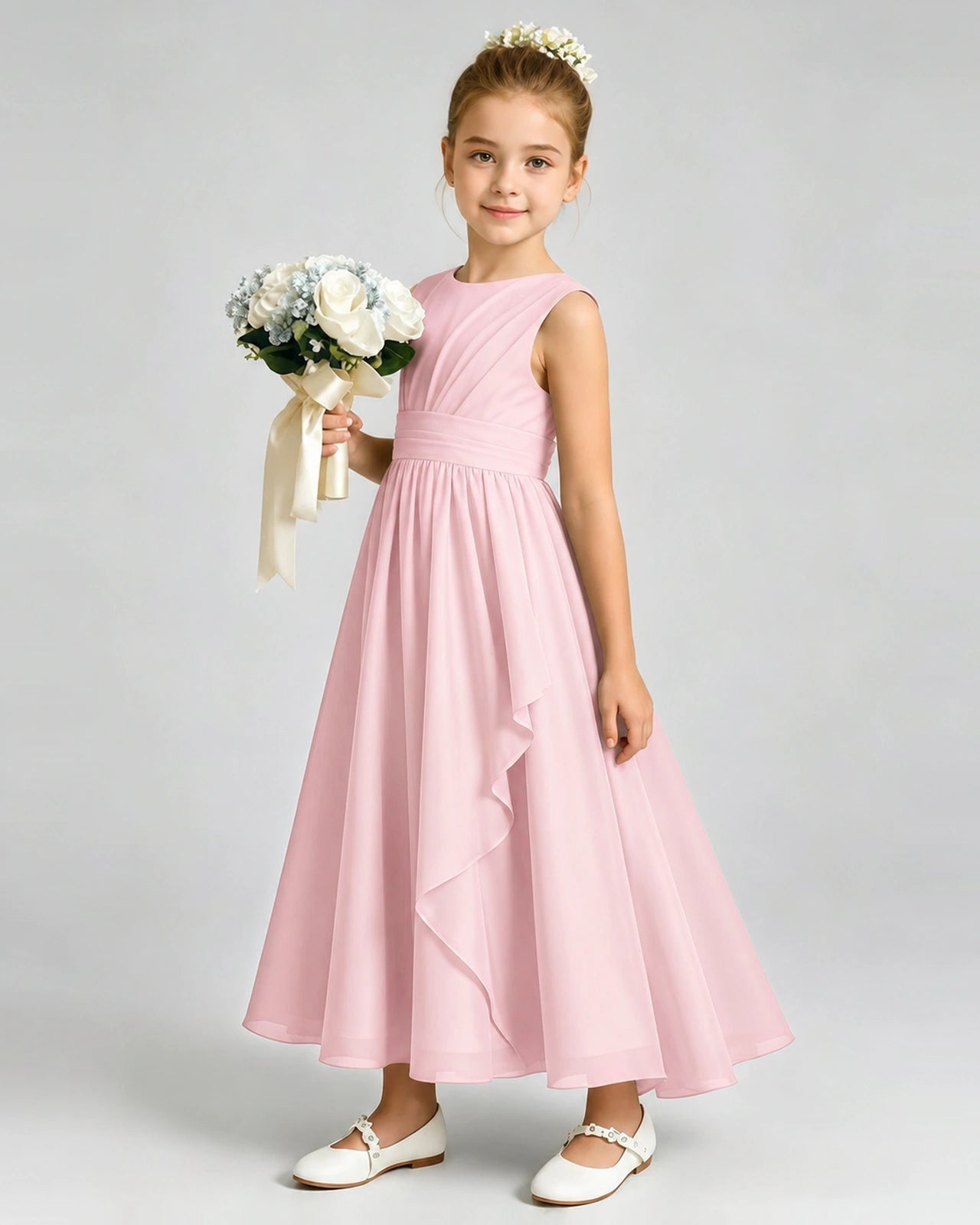 Pink Junior Bridesmaid Dress Asymmetric Drape V-Back Chiffon Midi Dress Front View