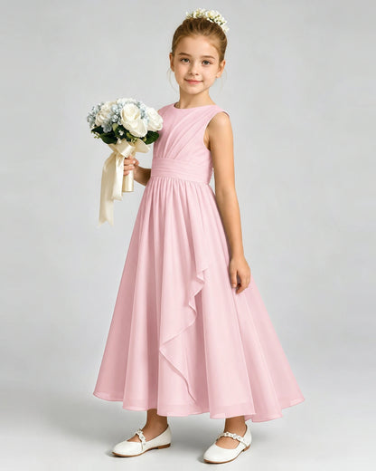 Pink Junior Bridesmaid Dress Asymmetric Drape V-Back Chiffon Midi Dress Front View