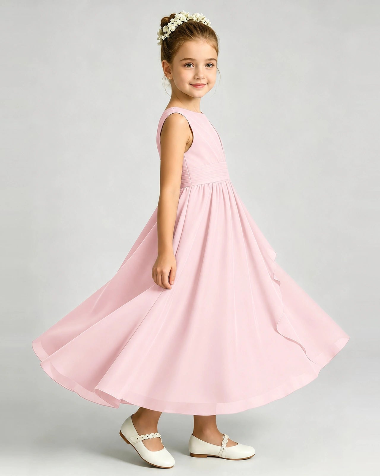Pink Junior Bridesmaid Dress Asymmetric Drape V-Back Chiffon Midi Dress Side View