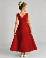 Red Satin A-line Junior Bridesmaid Dress Back View