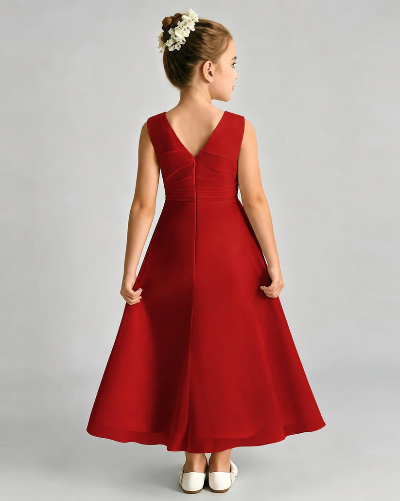 Red Satin A-line Junior Bridesmaid Dress Back View