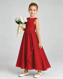 Red Junior Bridesmaid Dress Asymmetric Drape V-Back Chiffon Midi Dress Front View