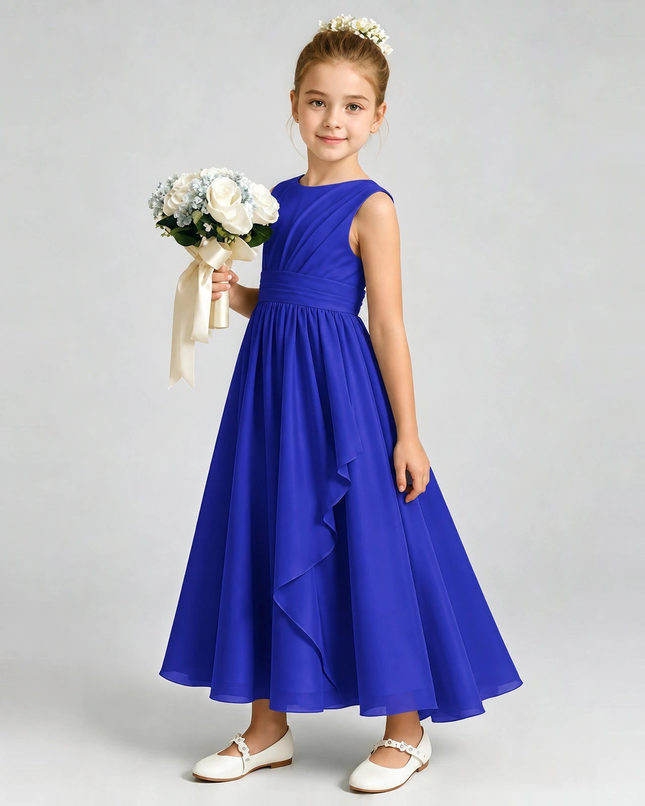 Royal Blue Junior Bridesmaid Dress Asymmetric Drape V-Back Chiffon Midi Dress Front View