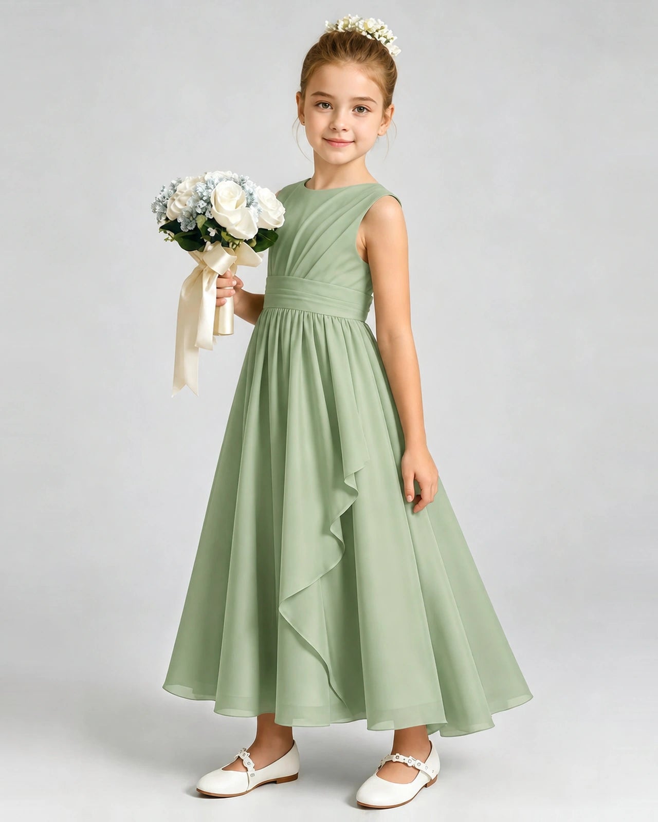 Sage Green Junior Bridesmaid Dress Asymmetric Drape V-Back Chiffon Midi Dress Front View