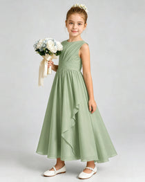 Sage Green Junior Bridesmaid Dress Asymmetric Drape V-Back Chiffon Midi Dress Front View